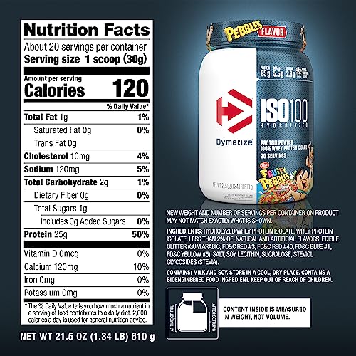 Dymatize ISO100 Hydrolyzed Protein Powder, 100% Whey Isolate, 25g of Protein, 5.5g BCAAs, Gluten Free, Fast Absorbing, Easy Digesting, Fruity Pebbles, 20 Servings