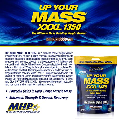 Maximum Human Performance MHP UYM XXXL 1350 Mass Building Weight Gainer, Muscle Mass Gains, w/50g Protein, High Calories, 11g BCAAs, Leucine, Milk Chocolate, 16 Servings