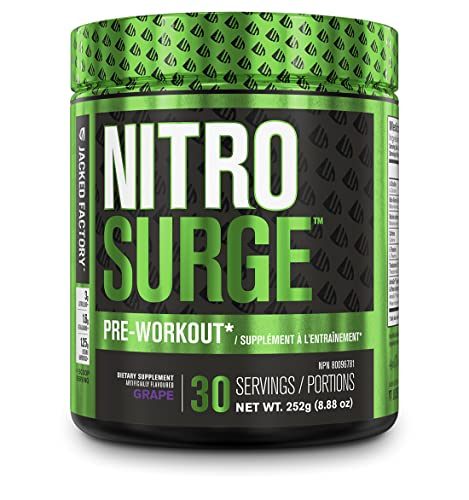 Jacked Factory NITROSURGE Pre Workout Supplement - Endless Energy, Instant Strength Gains, Clear Focus, Intense Pumps - Nitric Oxide Booster & Powerful Preworkout Energy Powder - 30 Servings, Grape