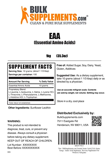 BULKSUPPLEMENTS.COM Essential Amino Acids Powder (EAA Powder) - Essential Amino Acids Supplement - 10g per Serving, 100 Servings (1 Kilogram - 2.2 lbs)