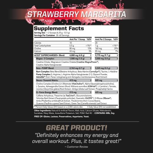 PMD Sports ACG3 Supercharged - Pre Workout - Powerful Strength, High Energy, Maximize Mental Focus, Endurance, Optimum Workout Performance for Men and Women - Strawberry Margarita (60 Servings)