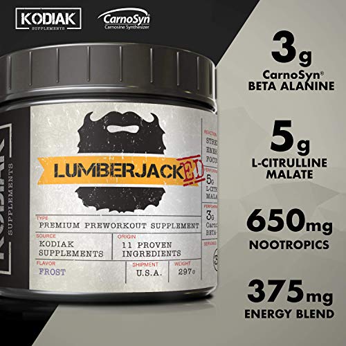 Kodiak Supplements LUMBERJACKED Pre-Workout Supplement with CarnoSyn 30 Servings - Better Pumps, Strength, Energy, and Focus - No Crash