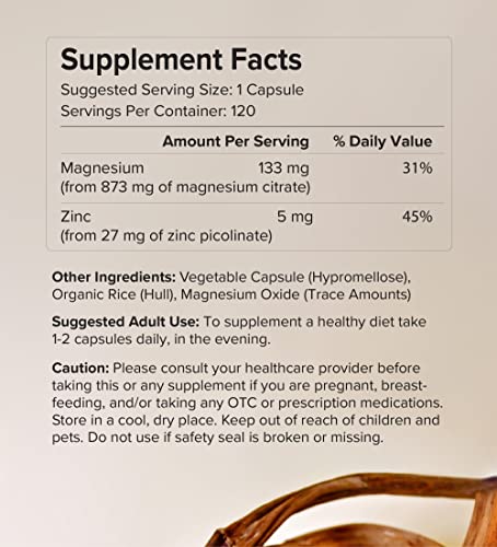 Potent & Pure Magnesium & Zinc Complex - Fully Reacted Magnesium with Chelated Zinc Picolinate - by Rootcha | 120 Capsules