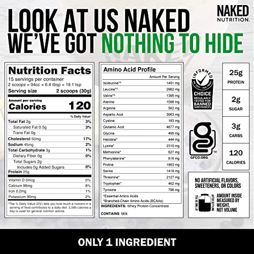NAKED nutrition Naked Whey 1Lb - Only 1 Ingredient, Grass Fed Whey Protein Powder, Undenatured, No Gmos, No Soy, Gluten Free, Stimulate Growth, Enhance Recovery - 15 Servings