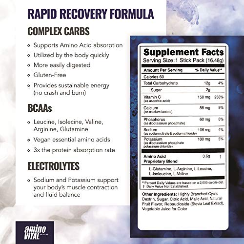 Amino Vital Rapid Recovery- BCAAs Amino Acid Post Workout Powder Packets | Muscle Recovery Drink with Glutamine | Vegan, Gluten Free Supplement | Single Serve BCAA Travel Packets | Blueberry Flavor