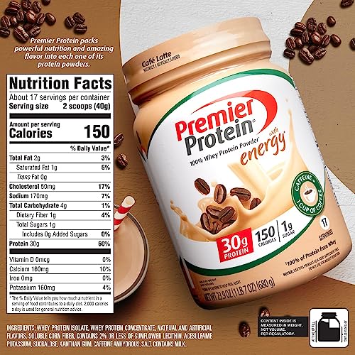 Premier Protein Powder, Cafe Latte , 30g Protein, 1g Sugar, 100% Whey Protein, Keto Friendly, No Soy Ingredients, Gluten Free, 17 servings, 23.9 Ounce (Pack of 1)