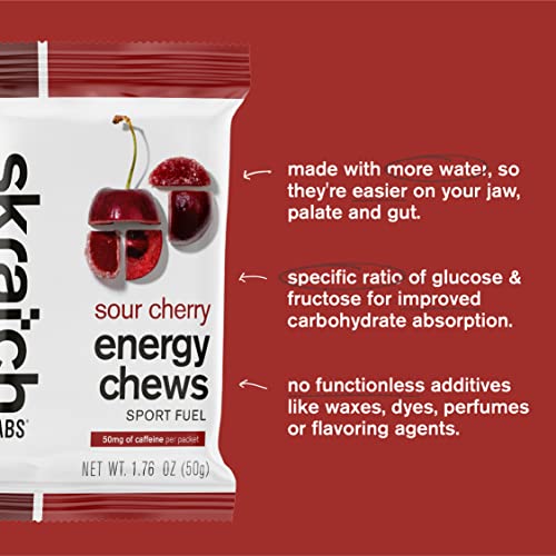 Skratch Labs Sport Energy Chews, Sour Cherry with Caffeine (10 Pack) - Developed for Athletes and Sports Performance, Gluten Free, Dairy Free, Vegan