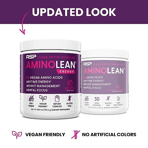 RSP NUTRITION AminoLean Pre Workout Powder, Amino Energy & Weight Management with Vegan BCAA Amino Acids, Natural Caffeine, Preworkout Boost for Men & Women, 30 Serv