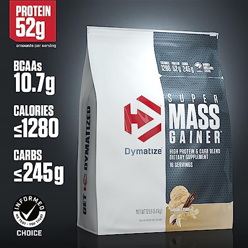 Dymatize Super Mass Gainer Protein Powder, 1280 Calories & 52g Protein, 10.7g BCAAs, Mixes Easily, Tastes Delicious, Gourmet Vanilla, 12 lbs