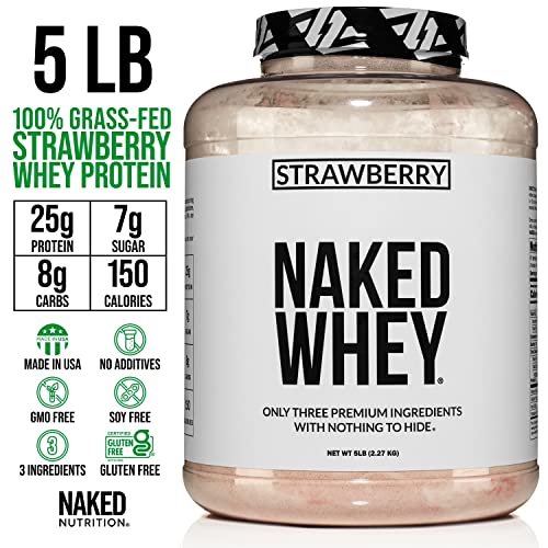 NAKED nutrition Whey Protein Supplement Powder, Strawberry, GMO-Free, Soy Free, Gluten Free, Aid Muscle Growth & Recovery - 61 Servings, 5 pounds