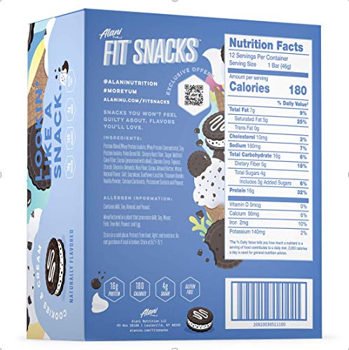 Alani Nu Fit Snack Protein Bar, Gluten-Free Bars, 16g Protein, Low-Sugar, Low-Carb, Gluten-Free, Cookies and Cream, 12 Servings