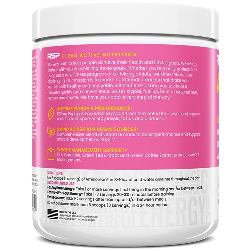 RSP NUTRITION AminoLean Pre Workout Powder, Amino Energy & Weight Management with Vegan BCAA Amino Acids, Natural Caffeine, Preworkout Boost for Men & Women, 30 Serv, Pink Lemonade