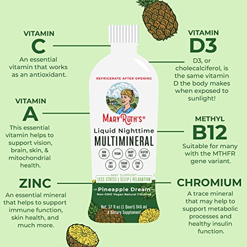 MaryRuth Organics Nighttime Liquid Multimineral Supplement | Sugar Free | Natural Sleep Support for Adults & Kids | Magnesium | Calcium & MSM | Pineapple Flavor | Vegan | Gluten Free | 32 Servings