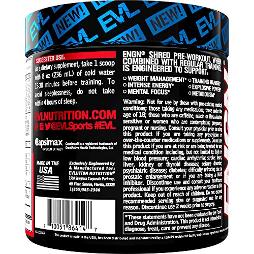 EVL Ultimate Pre Workout Powder - Thermogenic Fat Burn Support Preworkout Powder Drink for Lasting Energy Focus and Stamina - ENGN Shred Intense Creatine Free Preworkout Drink Mix - Fruit Punch