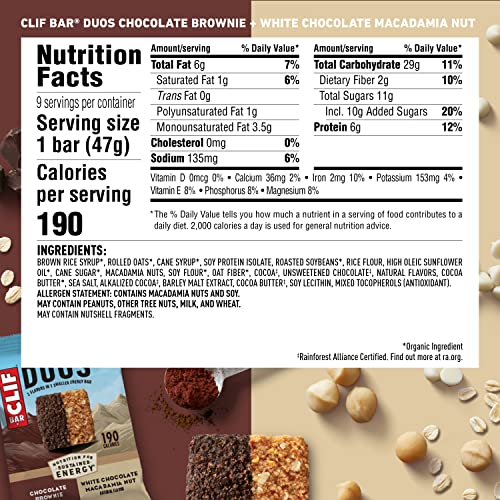 Clif Bar - Duos Bars - Energy Bars made with Organic Oats, Plant Based Protein, Vegan Friendly, Variety Pack (18 Count, 1.66 Ounce Protein Bars)