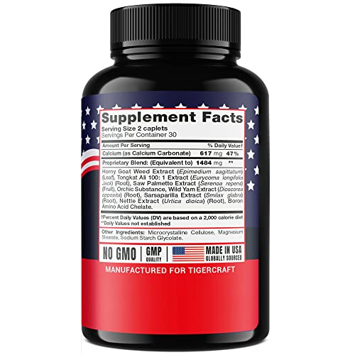 TIGERCRAFT Vitamins for Men - Made in USA - with Horny Goat Weed, Tongkat Ali & Saw Palmetto - 60 Caplets