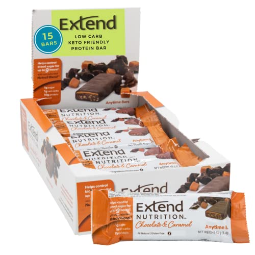 Extend Nutrition Diabetic Snacks for Adults and Kids, Low Carb, Keto, Low Calorie, No Added Sugar Diabetic Bars and Diet Snack Protein Bars, Great for Intermittent Fasting, Chocolate & Caramel Energy Bars, 15 Count