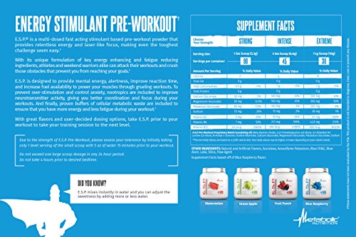 Metabolic Nutrition - ESP - Stimulating Pre Workout, Pre Intra Workout Supplement, Energy & Endurance Stimulating, Natural, Safe & Mental Focus, Watermelon 300 Grams (90 Servings)