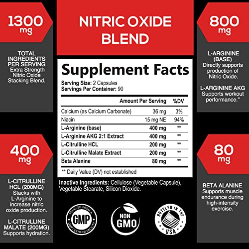 Extra Strength Nitric Oxide Supplement L Arginine 3X Strength - Citrulline Malate, AAKG, Beta Alanine - Premium Muscle Supporting Nitric Booster for Strength & Energy to Train Harder - 180 Capsules