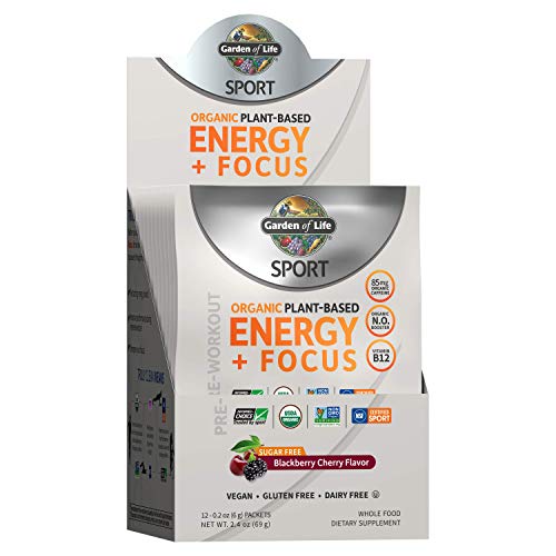 Garden of Life Sport Organic Plant-Based Energy + Focus Vegan Pre Workout Powder Packets, Sugar Free BlackBerry Cherry Clean Preworkout with 85mg Caffeine Natural NO Booster B12 Gluten Free 12ct Tray