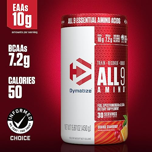 Dymatize All9 Amino, 7.2g of BCAAs, 10g of Full Spectrum Essential Amino Acids Per Serving for Recovery and Optimal Muscle Protein Synthesis, Orange Cranberry, 30 Servings, 15.87 Ounce