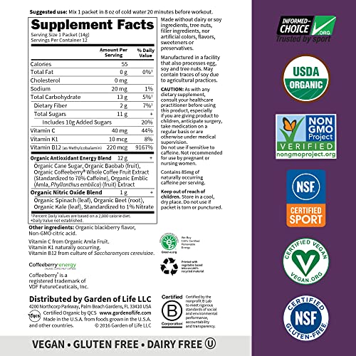 Garden of Life SPORT Organic Plant-Based Energy + Focus Pre Workout Powder Packets, Blackberry Flavor - Clean Preworkout with 85mg Caffeine, Natural NO Booster B12 Vegan Gluten Free Non-GMO 12ct Tray