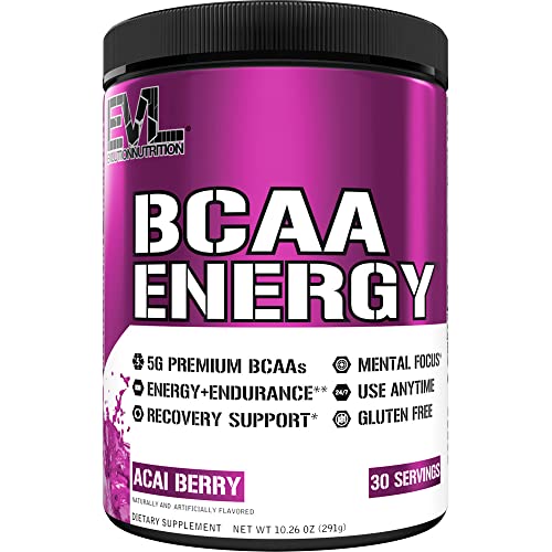 EVL BCAAs Amino Acids Powder - BCAA Energy Pre Workout Powder for Muscle Recovery Lean Growth and Endurance - Rehydrating BCAA Powder Post Workout Recovery Drink with Natural Caffeine - Acai Berry