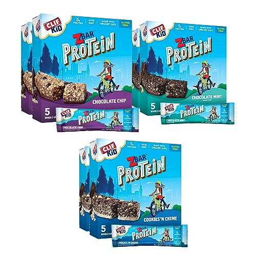 CLIF Kid Zbar Protein - Chocolate Chip, Chocolate Mint, and Cookies 'n Creme - Value Pack - Crispy Whole Grain Snack Bars - Made with Organic Oats - Non-GMO - 5g Protein - Amazon Exclusive - 1.27 oz. (30 Count)