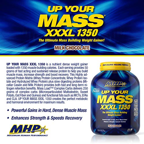 Maximum Human Performance MHP UYM XXXL 1350 Mass Building Weight Gainer, Muscle Mass Gains, w/50g Protein, High Calorie, 11g BCAAs, Leucine, Milk Chocolate, 8 Servings