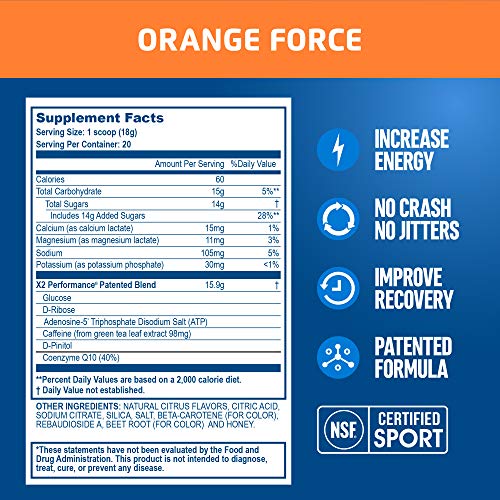 X2 Performance Clean Pre Workout & Intra Workout Powder for Men & Women, NSF Certified for Sport, Orange Force, 12.77 oz, 20 Servings