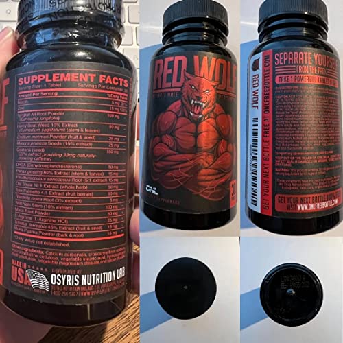 Osyris Nutrition Lab Red Wolf Testosterone Booster for Men - Enlargement Supplement - Ultimate Mens High Potency Endurance, Drive, and Strength Booster Made in USA - 30, 60 and 90 Days Supply (60)