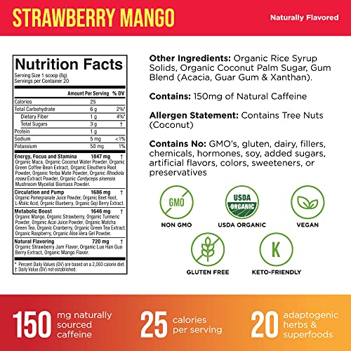 Organic Muscle Superfood Pre Workout Powder for Men & Women, Strawberry Mango - USDA Organic Preworkout Supplement for Endurance - Vegan, Natural, Plant-Based, & Low Caffeine Pre-Workout Energy Powder