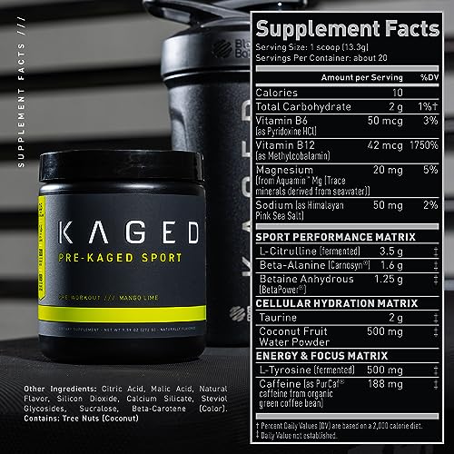 Pre Workout Powder, Kaged Muscle Pre-Kaged Sport For Men And Women, Increase Energy, Focus, Hydration, and Endurance, Organic Caffeine, Plant Based Citrulline, Mango Lime