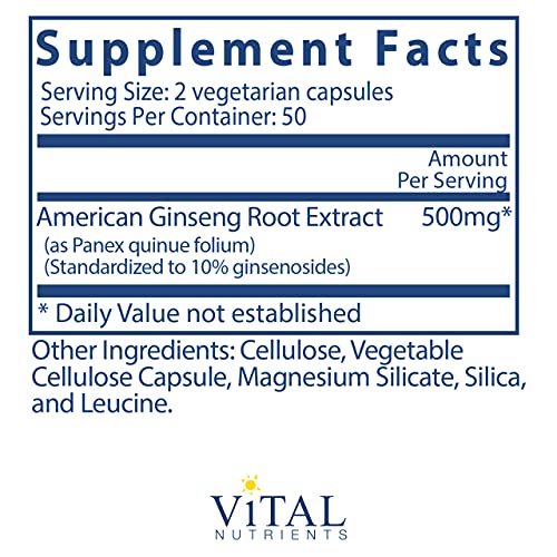 Vital Nutrients - American Ginseng - Energy Support - Mental and Physical Endurance - 100 Vegetarian Capsules per Bottle - 250 mg