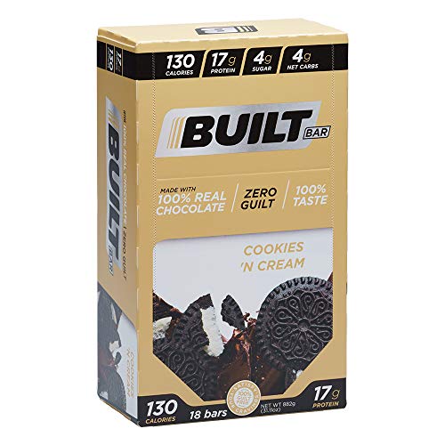 Built Bar 18 Pack Protein and Energy Bars - 100% Real Chocolate - High In Whey Protein And Fiber - Gluten Free, Natural Flavoring, No Preservatives (Cookies 'N Cream)