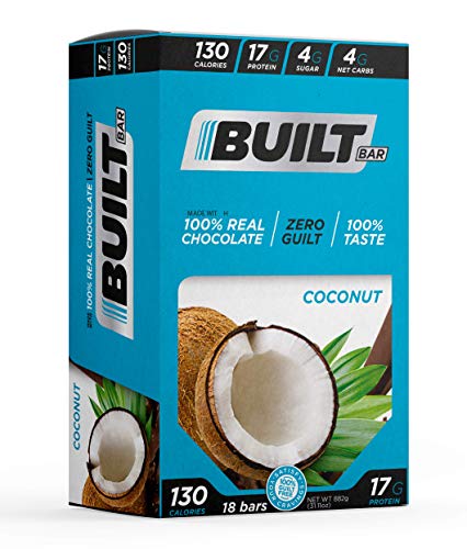 Built Bar 18 Pack Protein and Energy Bars - 100% Real Chocolate - High In Whey Protein And Fiber - Gluten Free, Natural Flavoring, No Preservatives (Coconut)