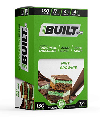 Built Bar 18 Pack Protein and Energy Bars - 100% Real Chocolate - High In Whey Protein And Fiber - Gluten Free, Natural Flavoring, No Preservatives (Mint Brownie)