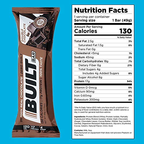 Built Bar 18 Pack Protein and Energy Bars - 100% Real Chocolate - High In Whey Protein And Fiber - Gluten Free, Natural Flavoring, No Preservatives (Double Chocolate)