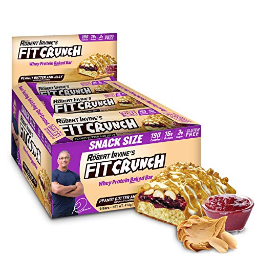 FITCRUNCH Snack Size Protein Bars, Designed by Robert Irvine, World’s Only 6-Layer Baked Bar, Just 3g of Sugar & Soft Cake Core (9 Snack Size Bars, Peanut Butter & Jelly)