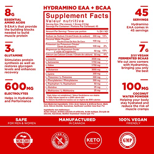 Hydramino EAA + BCAA Powder - 45 Servings - Essential Amino Acids Supplement & Electrolyte Powder for Recovery, Strength, & Hydration, 7g BCAAs, 8g EAAs, 600mg Electrolytes (Vegan, Lemon Iced Tea)