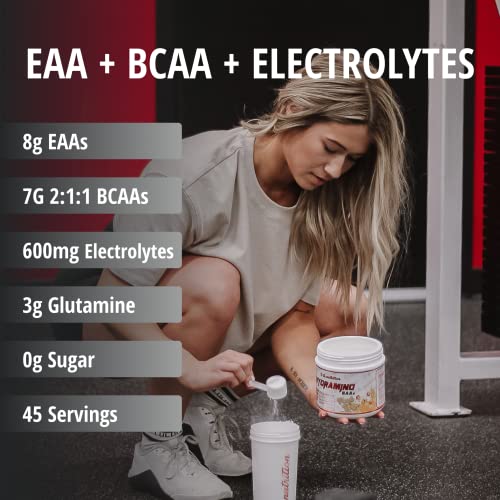 Hydramino EAA + BCAA Powder - 45 Servings - Essential Amino Acids Supplement & Electrolyte Powder for Recovery, Strength, & Hydration, 7g BCAAs, 8g EAAs, 600mg Electrolytes (Vegan, Lemon Iced Tea)