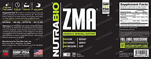 NutraBio ZMA Vegetable Supplement - Anabolic Mineral Support - 180 Capsules - Recovery, Growth, Sleep - Zinc, Magnesium, and B6 Formula