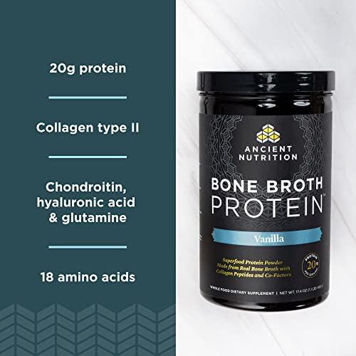 Ancient Nutrition Protein Powder Made from Real Chicken and Beef Bone Broth, Vanilla, 20g Protein Per Serving, 40 Serving Tub, Gluten Free Hydrolyzed Collagen Peptides Supplement