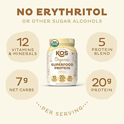 KOS Vegan Protein Powder Erythritol Free, Vanilla USDA Organic - Pea Protein Blend, Plant Based Superfood Rich in Vitamins & Minerals - Keto, Dairy Free - Meal Replacement for Women & Men, 30 Servings