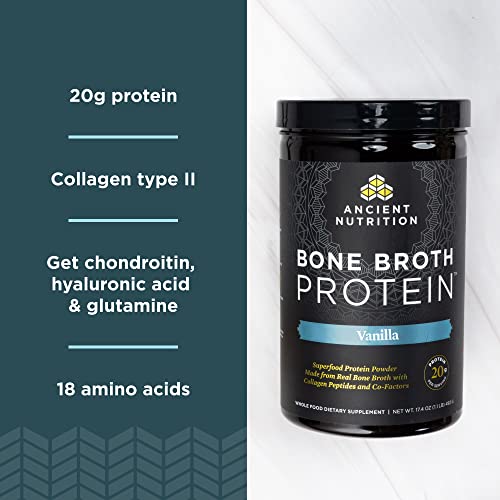 Ancient Nutrition Protein Powder Made from Real Chicken and Beef Bone Broth, Vanilla, 20g Protein Per Serving, 20 Serving Tub, Gluten Free Hydrolyzed Collagen Peptides Supplement