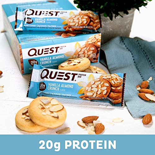 Quest Nutrition Protein Bar, Vanilla Almond Crunch, 20g Protein, 4g Net Carbs, 200 Cals, High Protein Bars, Low Carb Bars, Gluten Free, Soy Free, 2.1 oz Bar, 12 Count