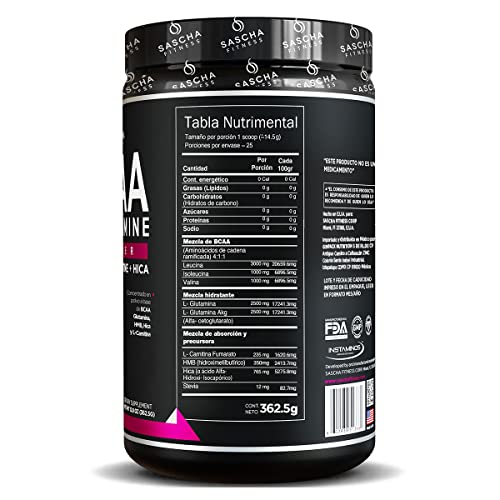 SASCHA FITNESS BCAA 4:1:1 + Glutamine, HMB, L-Carnitine, HICA | Powerful and Instant Powder Blend with Branched Chain Amino Acids (BCAAs) for Pre, Intra and Post-Workout