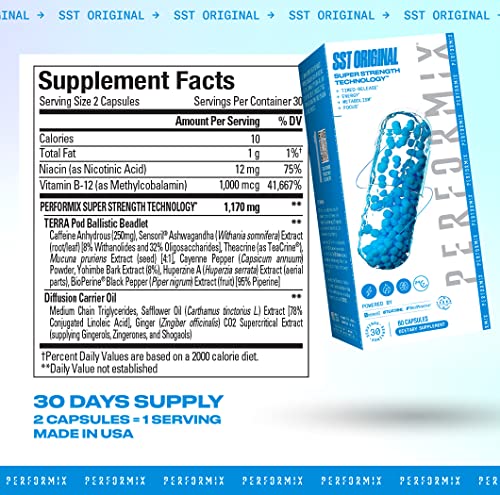 PERFORMIX SST Thermogenic Supplement - 60 Capsules - Focus, Energy Booster for Men & Women - TeaCrine, Caffeine, Sensoril, Vitamin B12