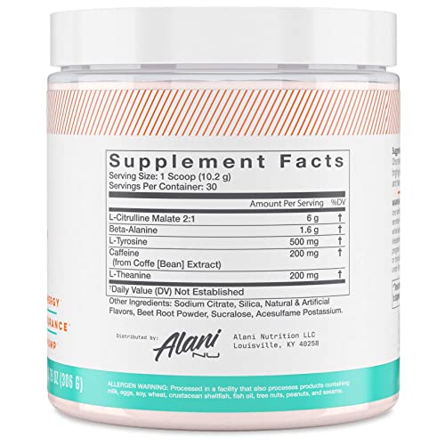 Alani Nu Pre Workout Supplement Powder for Energy, Endurance & Pump, Sugar Free, 200mg Caffeine, Formulated with Amino Acids Like L-Theanine to Prevent Crashing, Hawaiian Shaved Ice 30 Servings