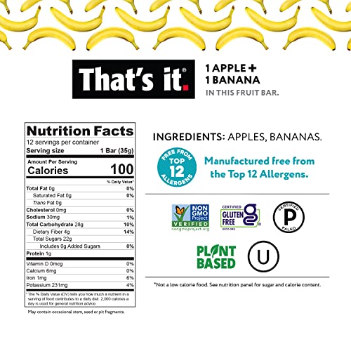 That's it Apple + Banana 100% Natural Real Fruit Bar, Best High Fiber Vegan, Gluten Free Healthy Snack, Paleo for Children & Adults, Non GMO Sugar-Free, No Preservatives Energy Food (12 Pack)